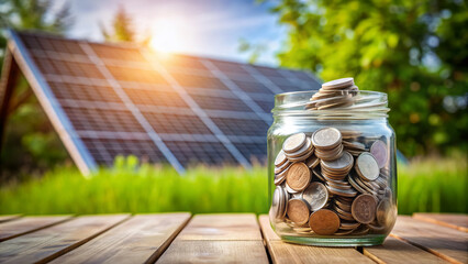 A glass jar filled with coins sits on a wooden table adjacent to sleek solar panels outdoors, symbolizing saving energy and money with eco-friendly technology.