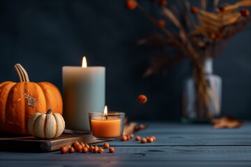 Dark background, frame with pumpkin. Holiday decor. Decoration for Samhain, Halloween, Thanksgiving. Harvest festival. Day of the Dead. Timelessness. Change of season