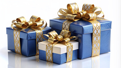 Obraz premium Elegant blue and gold gifts adorned with intricate ribbons and bows, perfectly arranged on a sleek white background, exuding opulence and sophistication.