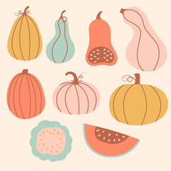 Simple pumpkin hand drawn set, Autumn set of hand drawn cute and cozy design elements, Fall, Pumpkin season, halloween