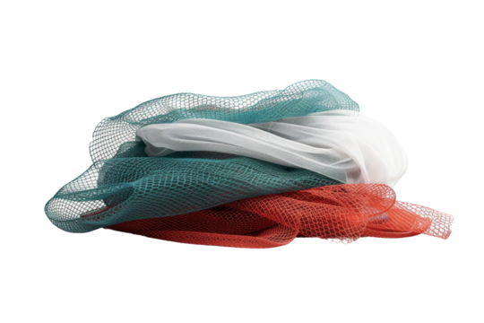 Soft, colorful, and abstract net fabric in green, white, and red hues isolated on white background.