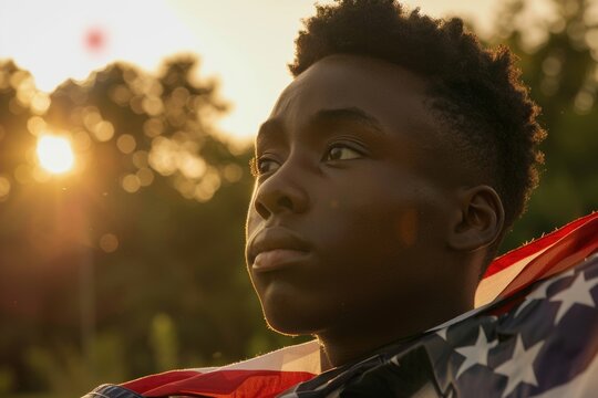 A young man proudly holds the American flag in a park, suitable for patriotic events or celebrations