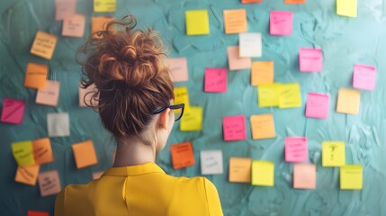 A woman in a yellow shirt is writing on a colorful sticky board with a blue background.