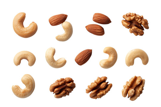 Assorted nuts including cashews, almonds, and walnuts arranged on a white background. Healthy snacks for nutrition and energy.