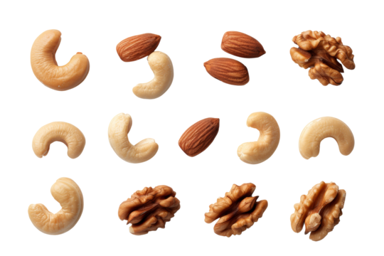 Assorted nuts including cashews, almonds, and walnuts arranged on a white background. Healthy snacks for nutrition and energy.