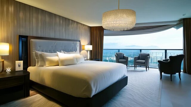 A luxurious hotel room, focusing on a modern bed with elegant linens, surrounded by stylish decor and soft lighting, creating a sophisticated and inviting atmosphere.