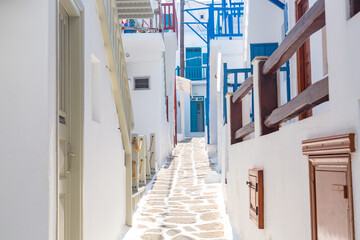 Mykonos island, Greece. Famous old town narrow street with white houses.