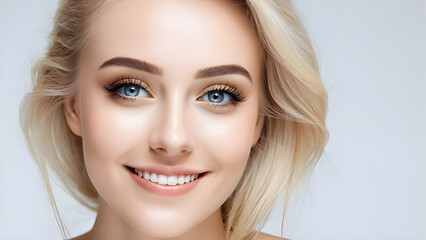 Fototapeta premium Portrait of beautiful young blond woman with blue eyes and makeup.