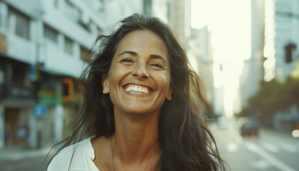 Retrato Cinematográfico de Mulher Brasileira de 40 Anos com Cabelos Longos Caminhando na Avenida Paulista, Brasil, Sorridente, em Alta Resolução, IA Generativa