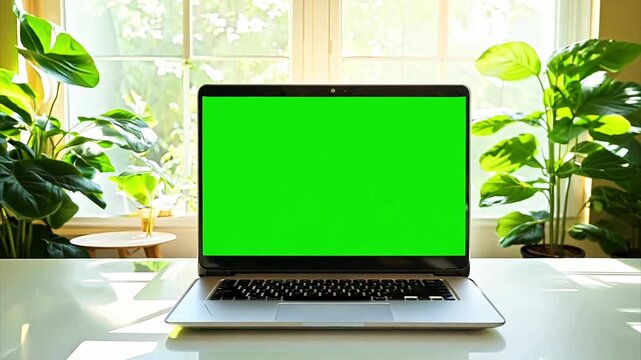 Close up pushing towards a generic laptop with a chroma key green screen in a bright home office as the sun peaks through the window behind it surrounded by houseplants.