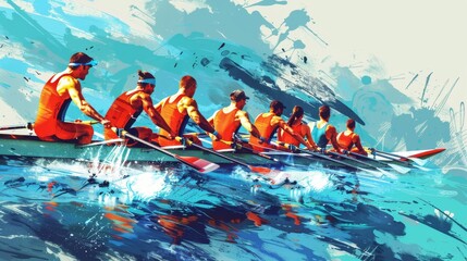 Illustration of Rowers in a boat, synchronized strokes, teamwork and effort, water race