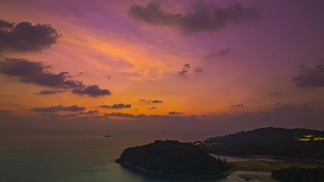 aerial hyperlapse view scenery sky in twilight above Kala island Layan beach Phuket.
stunning sky at twilight at Kala island is at the endwise of Layan beach
Scene of Colorful romantic sky background.