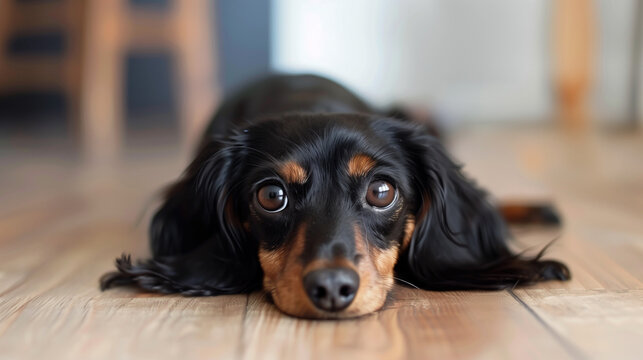 Little black dachshund dog