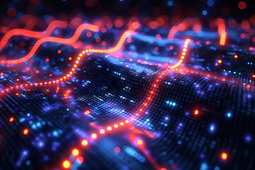 A binary background with dark blue and touches of neon highlights creating a technological and futuristic aesthetic