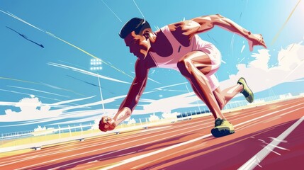 Illustration of Sprinter starting a race on the track, muscles tensed, intense focus