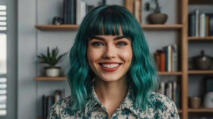Fototapeta premium Teal-haired girl standing in home office, cheerful smile at camera