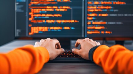 Developer coding at a desk. Computer screen with programming code. Hands typing on a keyboard. Software development and technology concept.