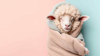 Obraz premium Lamb wrapped in a beige blanket against a split pastel pink and blue background, looking calm and cozy.