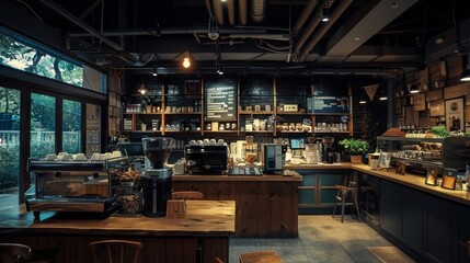 Loft-themed cafe interior in dark shades, featuring an open plan and a selection of freshly brewed coffees, creating an inviting backdrop for a delightful coffee shop experience