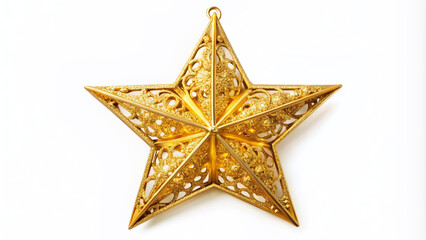 Vibrant golden Christmas star ornament with intricate details and soft glow, isolated on white background, perfect for festive holiday tree decoration and celebration.