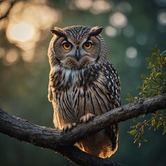 A wise old owl perched on a branch at dusk.