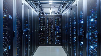 A server room with rows of blade servers and cooling systems, powering critical business applications and online services.