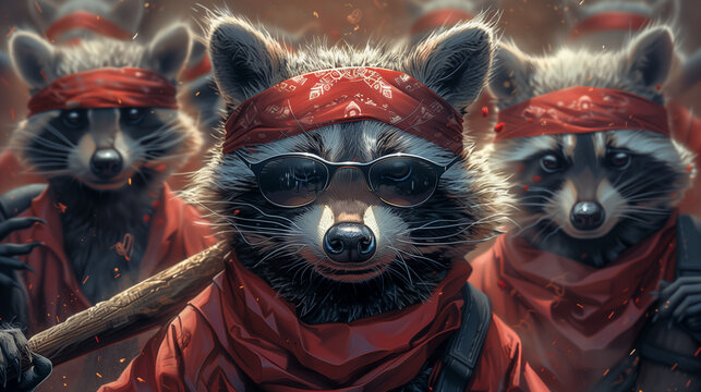 Raccoon as a hooligan with a baseball bat