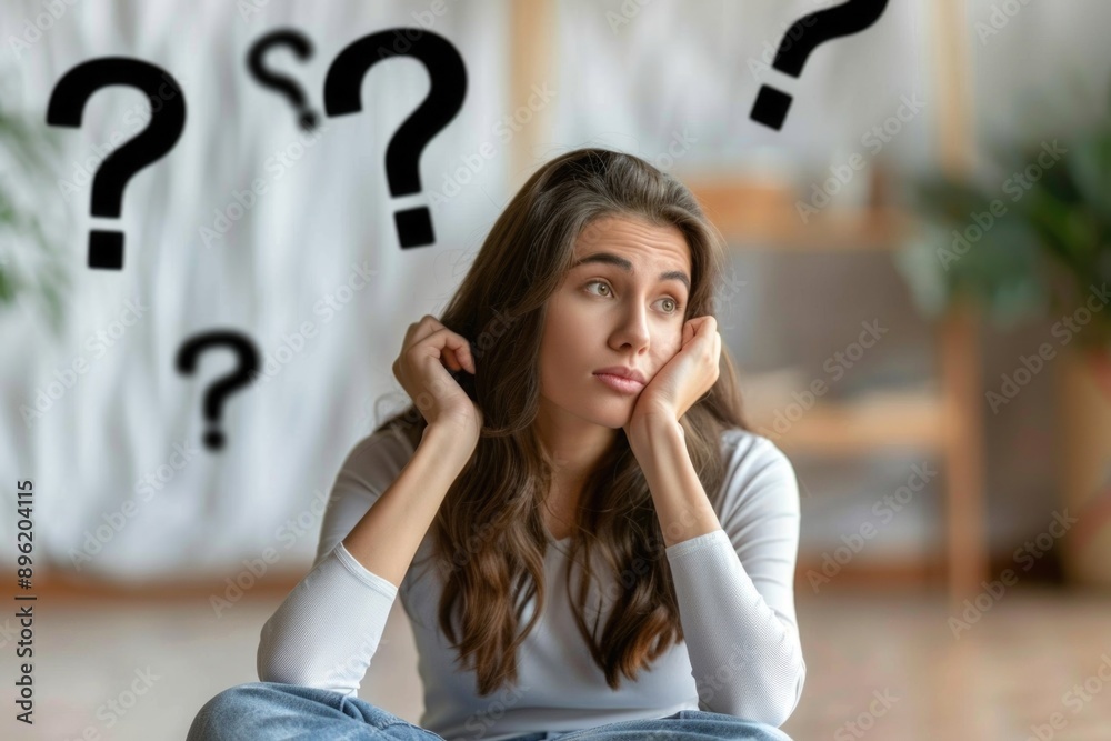 Poster a person pondering questions, with question marks hovering above their head