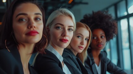 Fototapeta premium Five women in suits, sitting side by side at a table with hands on the desk.