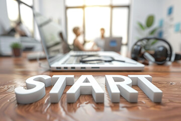 Start. Wooden letters stand on the table in office. The beginning of creation of successful product