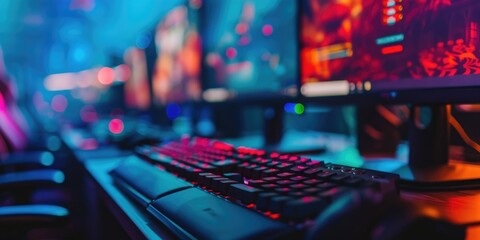 An image of an advanced gaming setup in a dark room, featuring multiple computer monitors with lights on, displaying screen backgrounds and creating a vibrant and modern tech environment.