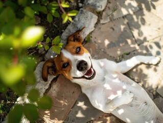 A happy dog with black, tan and white coat lying on ground. Shiny teeth and tongue. Sunlight filter through leaves in background. Greenery and brick surroundings.