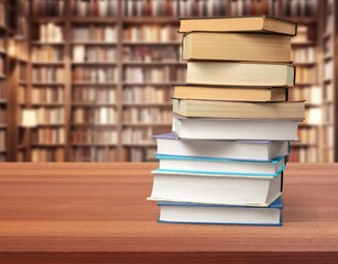 stack of books in library on wooden table