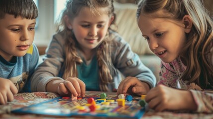 Fototapeta premium Children enjoying board games, building social skills and cognitive abilities through play.
