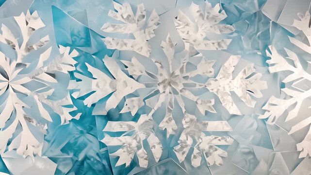 A contemporary snowflake design featuring an interlocking pattern of clean futuristic lines in metallic silver and icy blue.