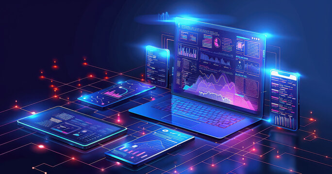 Application of Smartphone with business graph and analytics data on isometric mobile phone. Analysis trends and software development coding process concept. Programming, testing cross platform code - Powered by Adobe