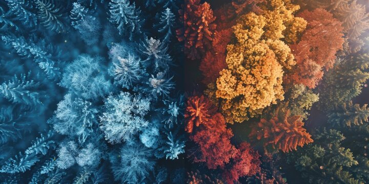 Multi-colored autumn leaves transitioning to winter snow.