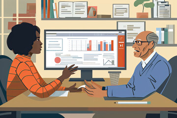 An illustration depicts two individuals participating in an online meeting. One person extends their hand, while the other person displays documents on the screen.