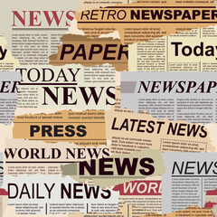 Randomly scattered scraps of old newspapers. Scraps of old newspapers with tattered edges. Newspaper Headlines - World News, Press, Today, Daily News. Seamless pattern. Vector illustration. Set
