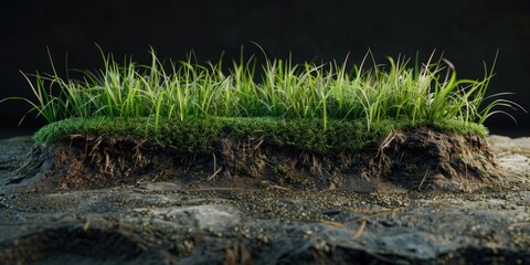 Fototapeta premium A pair of grass seedlings growing in small patches of soil between rocks, illustrating resilient plant life and the possibility of agriculture even in harsh conditions.