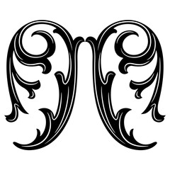 Symmetrical vintage floral design with stylized leaves. Medieval or baroque motif. Black and white silhouette.