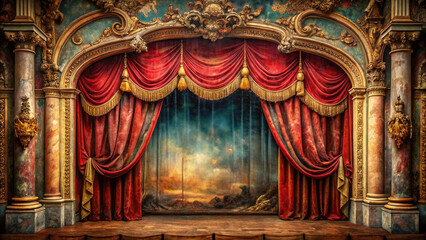 Lavish, ornate, and worn, richly hued distressed velvet theater curtains drape majestically, exuding opulence and mystique in a grand, old-world, artistic oil painting masterpiece.