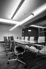 Fototapeta premium A professional office setting with a long table and chairs.