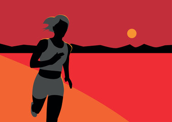 a woman running against the light in front of a sunset with mountains in the background