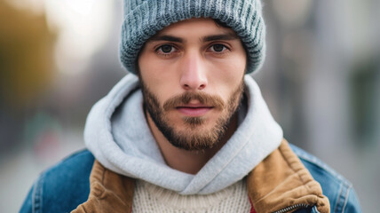 Close-up portrait of a man wearing a beanie and warm winter clothing.
