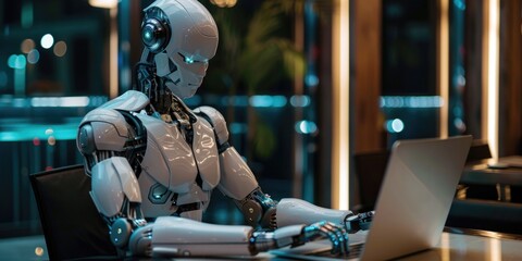 Robotic employee working on laptop in modern office setting.