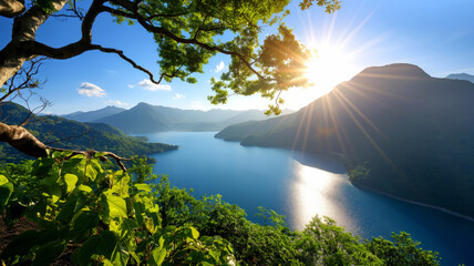 A breathtaking view of a serene lake surrounded by mountains, illuminated by the rising sun.