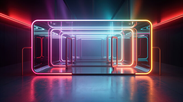 Futuristic neon-lit corridor with glowing geometric shapes and vibrant LED lights in blue, pink, red, and orange colors.