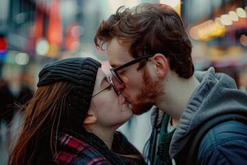Naklejka premium Loving couple sharing a kiss on the street at nighttime.
