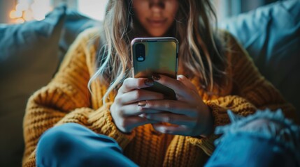 Fototapeta premium A woman is sitting on a couch and looking at her cell phone. She is wearing a yellow sweater and has her hand on her phone